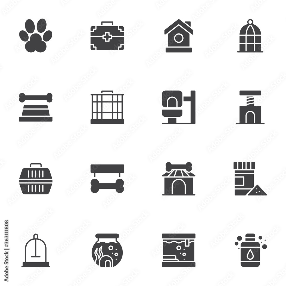 Pet shop vector icons set, modern solid symbol collection, filled style pictogram pack. Signs, logo illustration. Set includes icons as pets paw, aquarium fish, bird cage, kennel, cat scratcher, vet Pet shop vector icons set, modern solid symbol collection, filled style pictogram pack. Signs, logo illustration. Set includes icons as pets paw, aquarium fish, bird cage, kennel, cat scratcher, vet