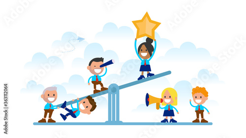 Business people are trying to get a star from the sky, achieving success in a team.
