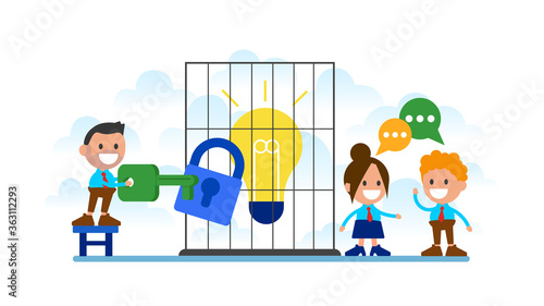 The idea in the cage to which you need to pick up the key. Business people locks an idea in a cage. Business people frees an idea from a cage.
