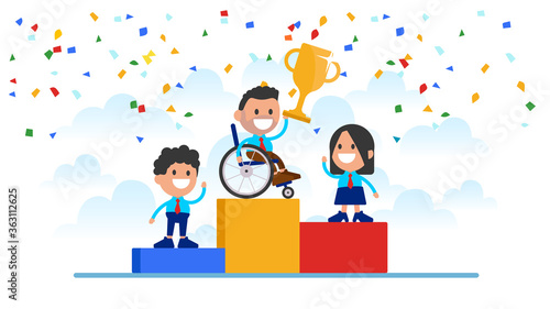 Man with disabilities on first place pedestal rising hand with gold cup.
