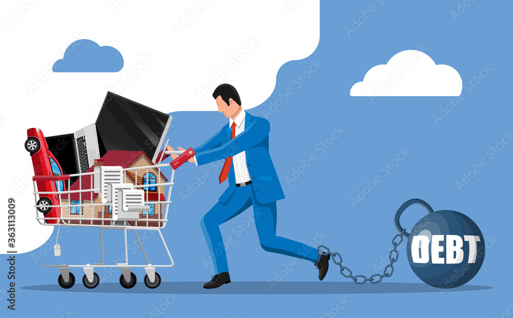 Businessman chained to big heavy debt weight with shackles, pulling shopping cart with with house building, car, laptop, tv, receipt check. Tax, debt, fee, crisis, bankruptcy. Flat vector illustration Businessman chained to big heavy debt weight with shackles, pulling shopping cart with with house building, car, laptop, tv, receipt check. Tax, debt, fee, crisis, bankruptcy. Flat vector illustration
