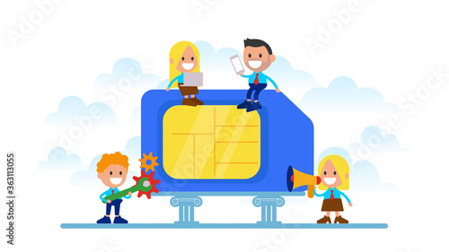 People repair mobile sim card. Mobile phone communication concept.
