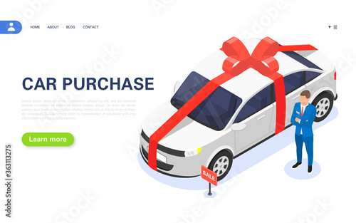 Sale of a new car in a dealership. Special car loan offer. Win a car in the lottery. The dealer is standing near the car with a red ribbon.