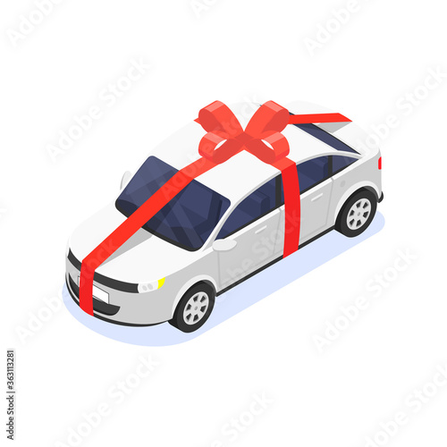 Gift white car with a red ribbon on a white background. Special car loan offer. Win a car in the lottery.