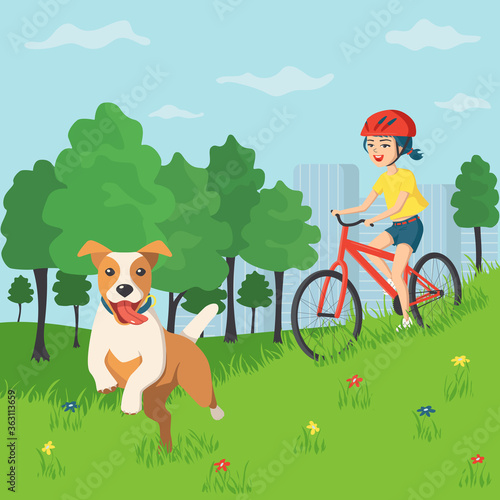 Happy smiling teenage girl rides a bicycle with a pet in a city park. The dog from the shelter is the best friend . Active weekend outdoors. Vector illustration in a flat cartoon style
