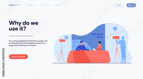 TV show shooting with film crew and backstage. News anchors talking to each other, posing for camera in studio. Vector illustration for breaking news, broadcasting, reporters concept