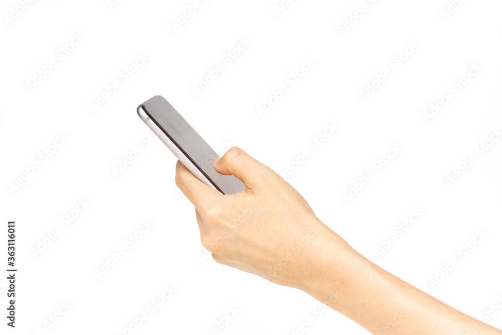 Hand using mobile smart phone isolated on white background. Hand using mobile smart phone isolated on white background.