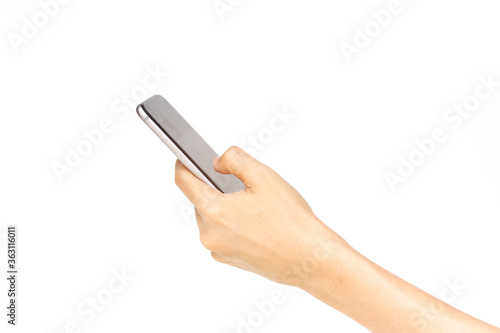 Hand using mobile smart phone isolated on white background. 