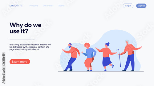 Happy senior people dancing at party. Cartoon grey haired old men and women enjoying music in club, having fun . Vector illustration for age, hobby, joy, retirement concept