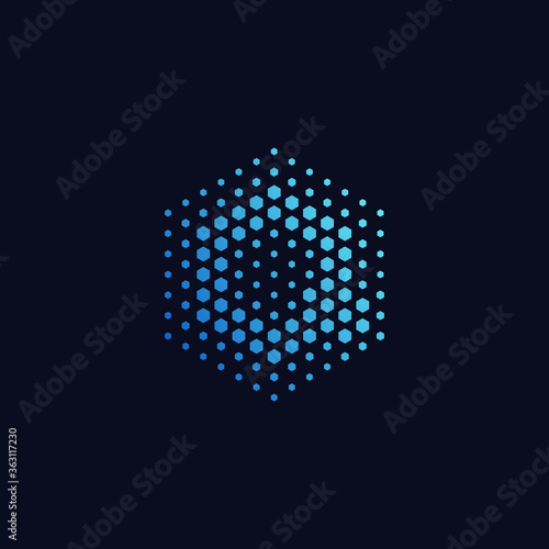 Letter q pixel logo hexagon blue color. Technology, business, and digital logotype vector concept