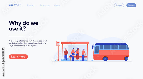 Passengers waiting for public transport at bus stop flat vector illustration. Cartoon characters using auto. Transportation and conveyance concept.