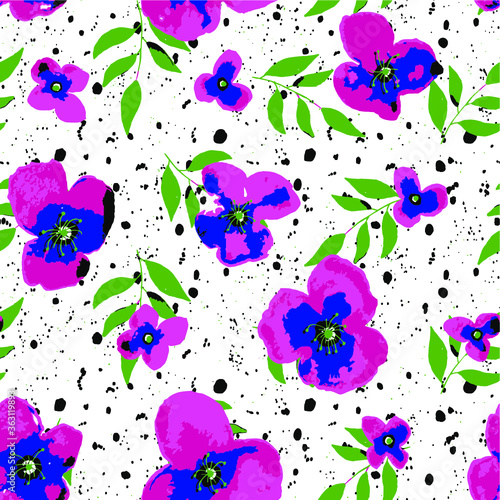 Seamless Endless Hand Drawn Violet Flowers Green Leaves Vector Pattern with Brush Splashes Strokes Background