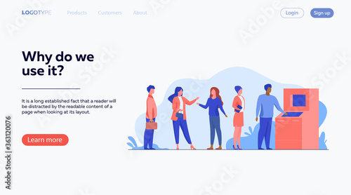 People waiting in queue for bank machine vector illustration. Customers standing in line for payment. Withdrawing money in bank