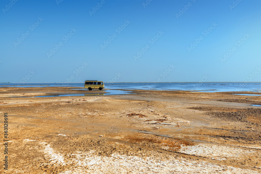 Bus crossing sea water for going dhanushkodi at rameshwaram. Bus crossing sea water for going dhanushkodi at rameshwaram.