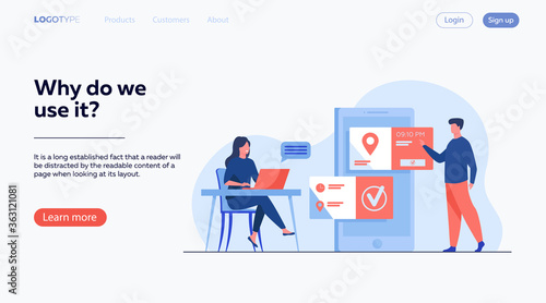 People using online appointment and booking app. Mean and woman planning meeting, setting date in mobile interface. Vector illustration for business, internet technology concept