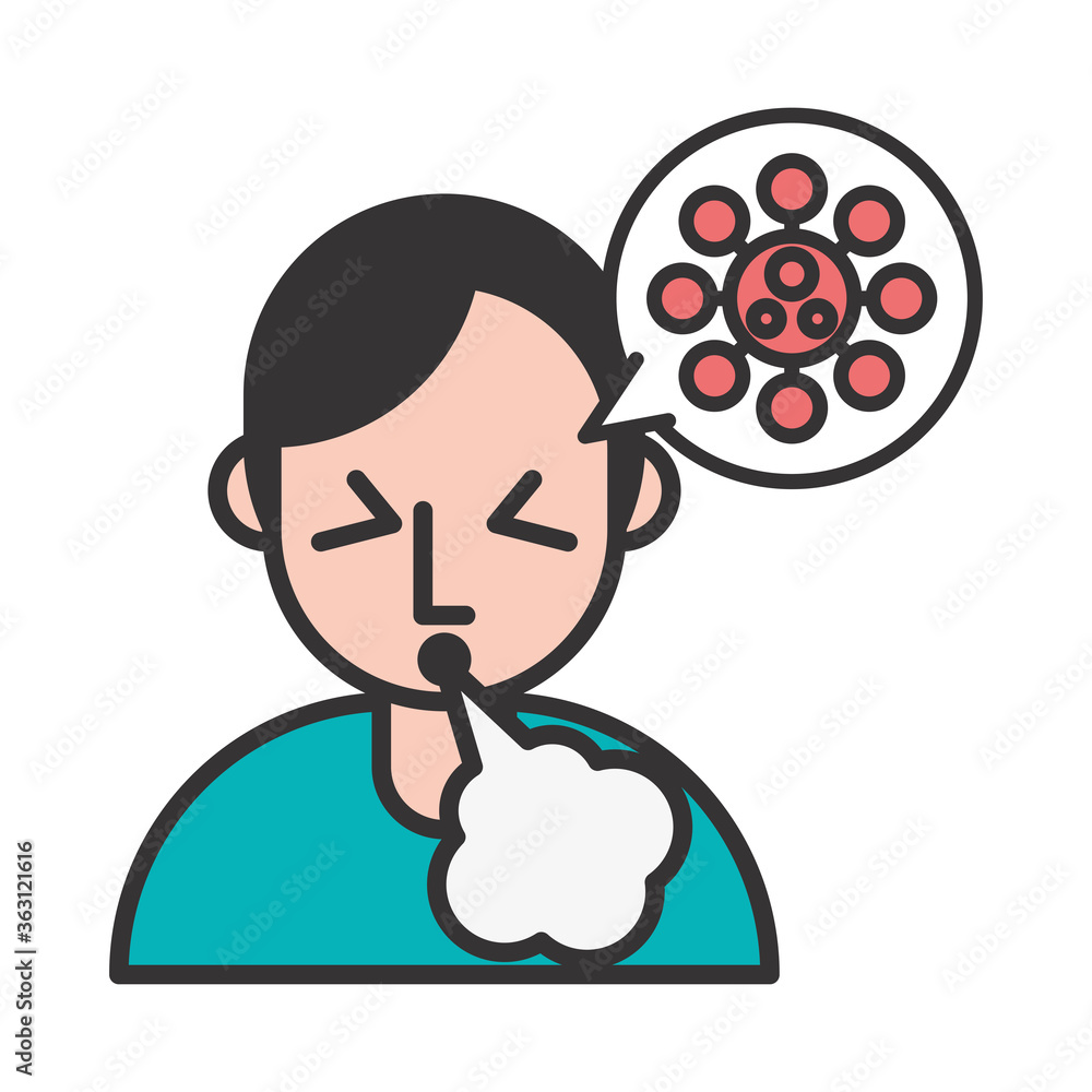 person with cough covid19 symptom and spore in speech bubble person with cough covid19 symptom and spore in speech bubble