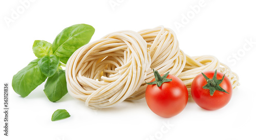 Pici, bronze-drawn durum wheat pasta, Tuscan handmade spaghetti, isolated on white background with basil, peppercorns and cherry tomatoes.