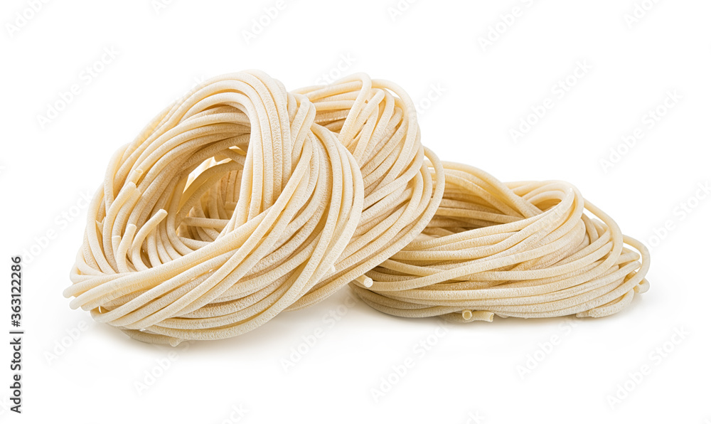 Pici, Tuscan artisan spaghetti, bronze-drawn durum wheat pasta isolated on white background.