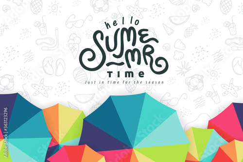 Summer text banner design with beach umbrella colorful on white background.Hand drawn elements for summer holiday.