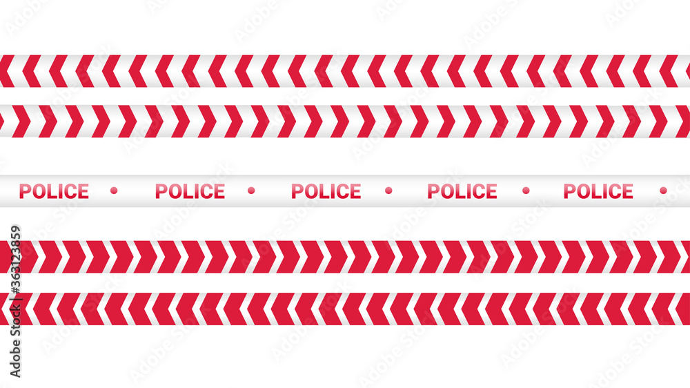 Red police tape, crime danger line. Caution police lines isolated. Warning tapes. Set of red warning ribbons. Vector illustration on white background.