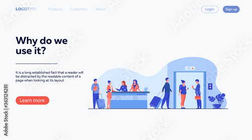 Tourists with luggage waiting at hotel reception desk, walking through lobby to elevator. Receptionists welcoming guests at counter. Vector illustration for hotel business, hospitality, travel concept