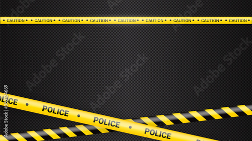 Police tape, crime danger line. Caution police lines isolated. Warning tapes. Set of yellow warning ribbons. Vector illustration on dack transparent background.