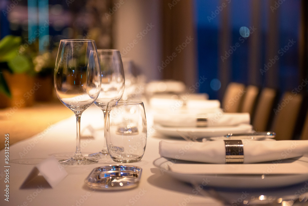 empty glasses on fine dinnig table decoration empty glasses on fine dinnig table decoration