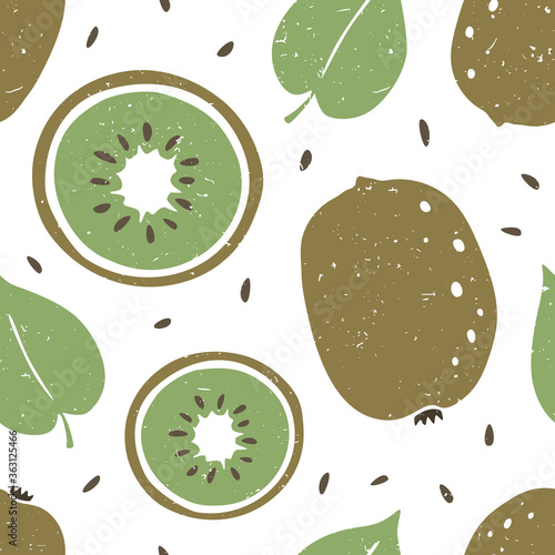 Kiwi seamless pattern. Ripe kiwi and leaves on white background.  Can be used for wallpaper, fabric, wrapping paper or decoration. Vector hand drawn illustration
