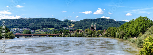 panorama view of picturesque Bad Saeckingen in southern Germany with the historic covered bridge