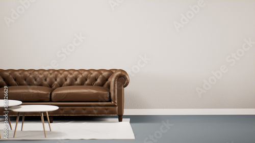 Fototapeta Naklejka Na Ścianę i Meble -  Living room Interior design. Leather Sofa and table in the room with white wall and gray floor. Living room for mockup 3d rendering