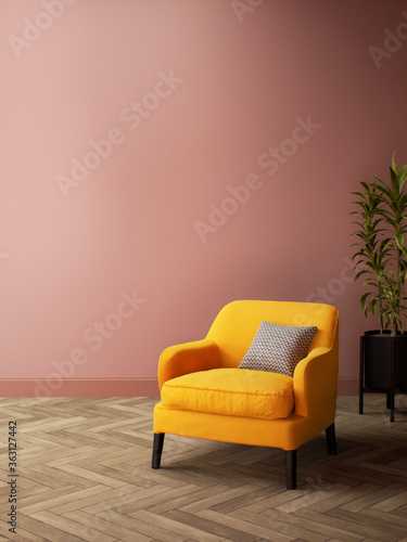 Pink Room Interior design with Yellow Sofa. room mockup stylish, Retro  living room interior 3d render illustration Stock Illustration | Adobe Stock