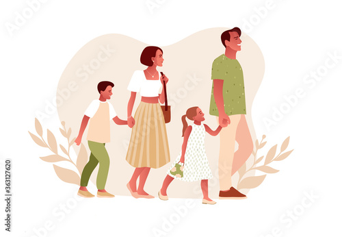 Happy stylish family walking. Father, mother, son and daughter together. Family day vector illustration, flat design, pastel colors. Family look fashionable clothes.