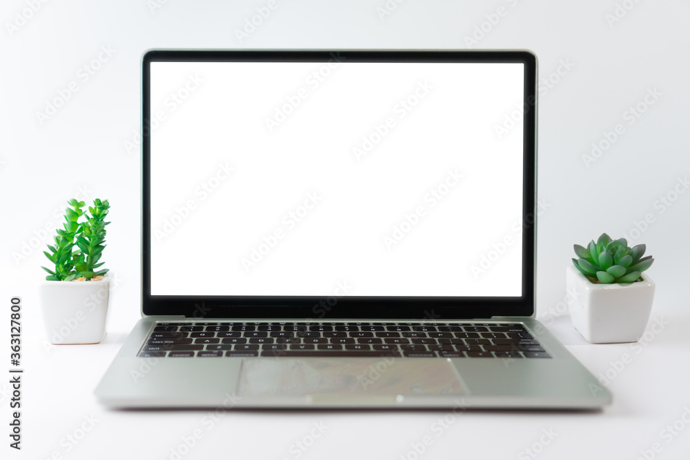 Laptop with white blank screen isolated on white background with small plant and gadget. Laptop with white blank screen isolated on white background with small plant and gadget.