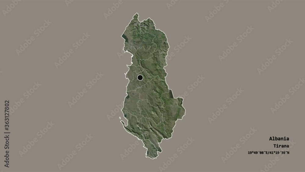 Tiranë, county of Albania, with its capital, localized, outlined and zoomed with informative overlays on a satellite map in the Stereographic projection. Animation 3D Tiranë, county of Albania, with its capital, localized, outlined and zoomed with informative overlays on a satellite map in the Stereographic projection. Animation 3D