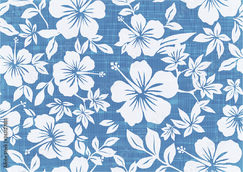 Background illustration with hibiscus pattern for vintage aloha shirt design. seamless.blue.