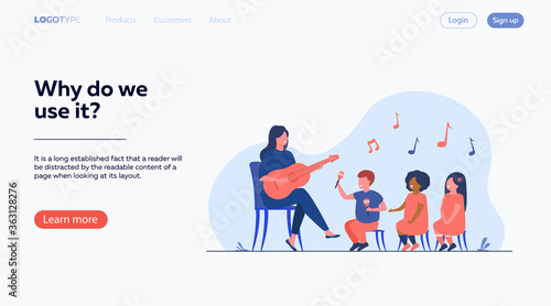 Kindergarten teacher playing guitar for diverse group of kids. Preschool children enjoying music lesson. Flat vector illustration for day care activity, childhood concept