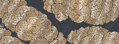 Golden blossoms luxury background vector. Abstract floral design hand drawn oriental style design for prints, textile, paper and wallpaper.