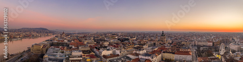 Panoramic aerial drone shot of St. Stephen Basilica at Budapest dawn sunrise in morning © Davidzfr