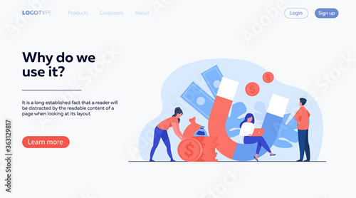 Income and money attraction. People with magnet getting cash. Vector illustration for fast loan, income, investment, profit, finance, success concept