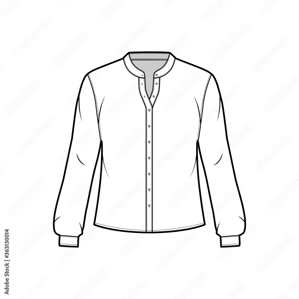 Shirt technical fashion illustration with curved mandarin stand collar and long sleeves with cuff. Flat apparel blouse template front, white color. Women, men and unisex top CAD mockup Shirt technical fashion illustration with curved mandarin stand collar and long sleeves with cuff. Flat apparel blouse template front, white color. Women, men and unisex top CAD mockup