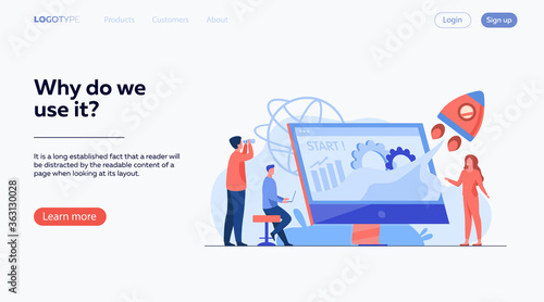 Team starting project. Workgroup working on startup, launching rocket from monitor with growth chart. Vector illustration for new business idea concept