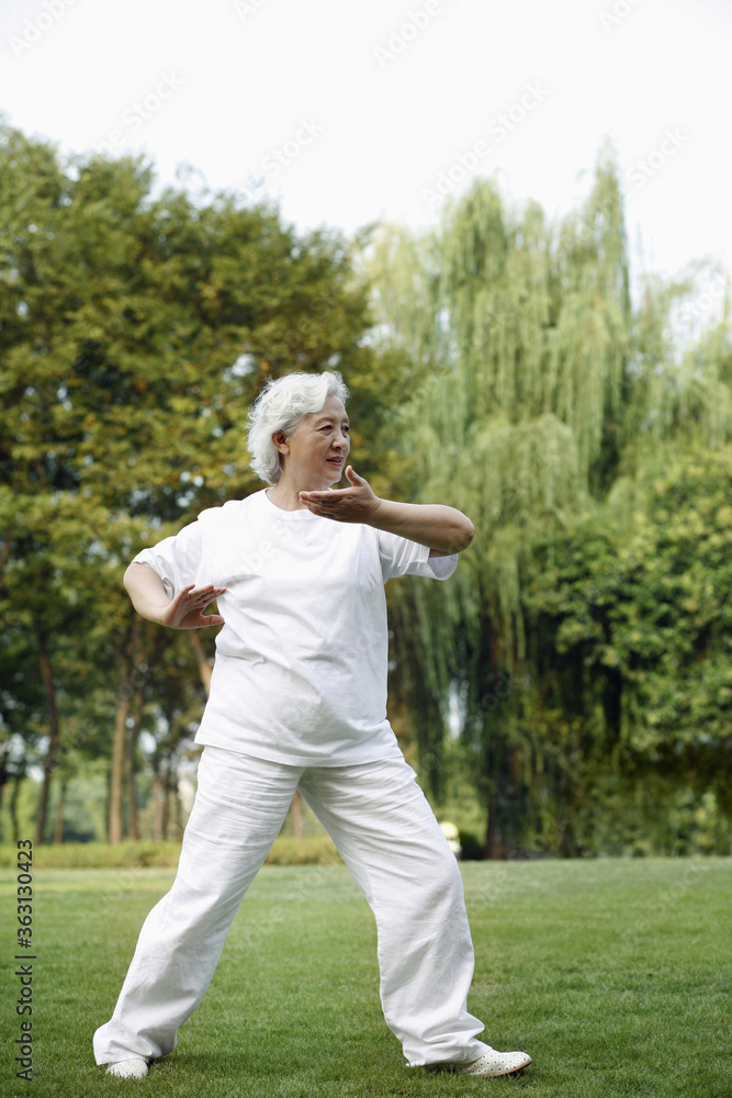 Senior woman practising tai chi in the park Senior woman practising tai chi in the park