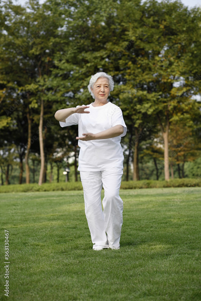 Senior woman practising tai chi in the park Senior woman practising tai chi in the park