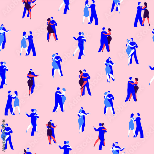 Vector seamless pattern with couples dancing argentine tango. Simple minimalistic style. Various poses and movements.