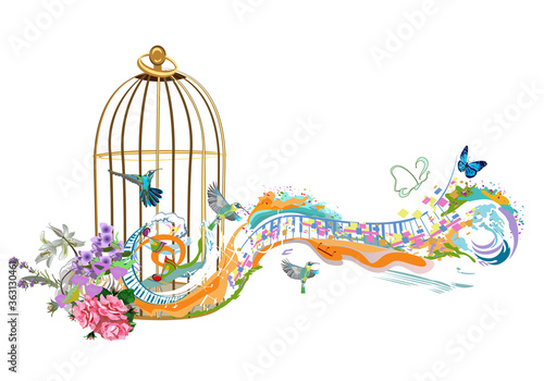 Canvas Print Abstract musical design with a treble clef and colorful splashes, notes and waves