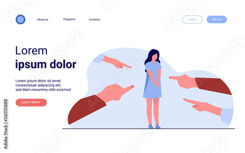 Depressed sad woman standing as victim flat vector illustration. Surrounded girl and fingers pointing at her. Conviction, indictment and social denunciation concept.