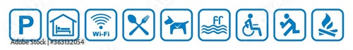 hotel, set icon, isolated vector symbols, blue silhouette on white background
