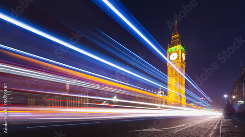London Big Ben and Parliament with Bus Light Trails at Night, UK