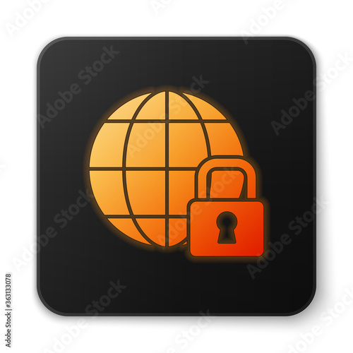 Orange glowing neon Global lockdown - locked globe icon isolated on white background. Black square button. Vector.