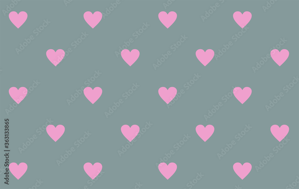 minimalistic pattern of pink hearts on a gray background.